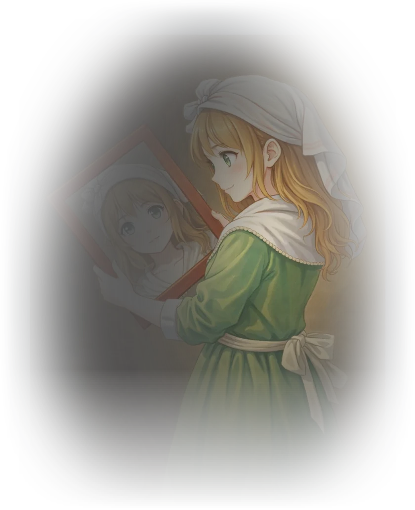 青羽つむぐ。白い頭巾に緑のドレスの少女が、手にした鏡に映る自分を見ている(油彩風の挿絵)