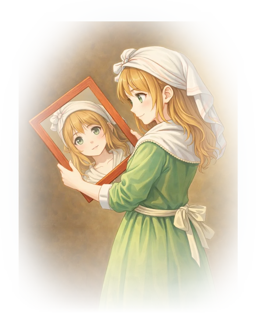 青羽つむぐ。白い頭巾に緑のドレスの少女が、手にした鏡に映る自分を見ている(油彩風の挿絵)